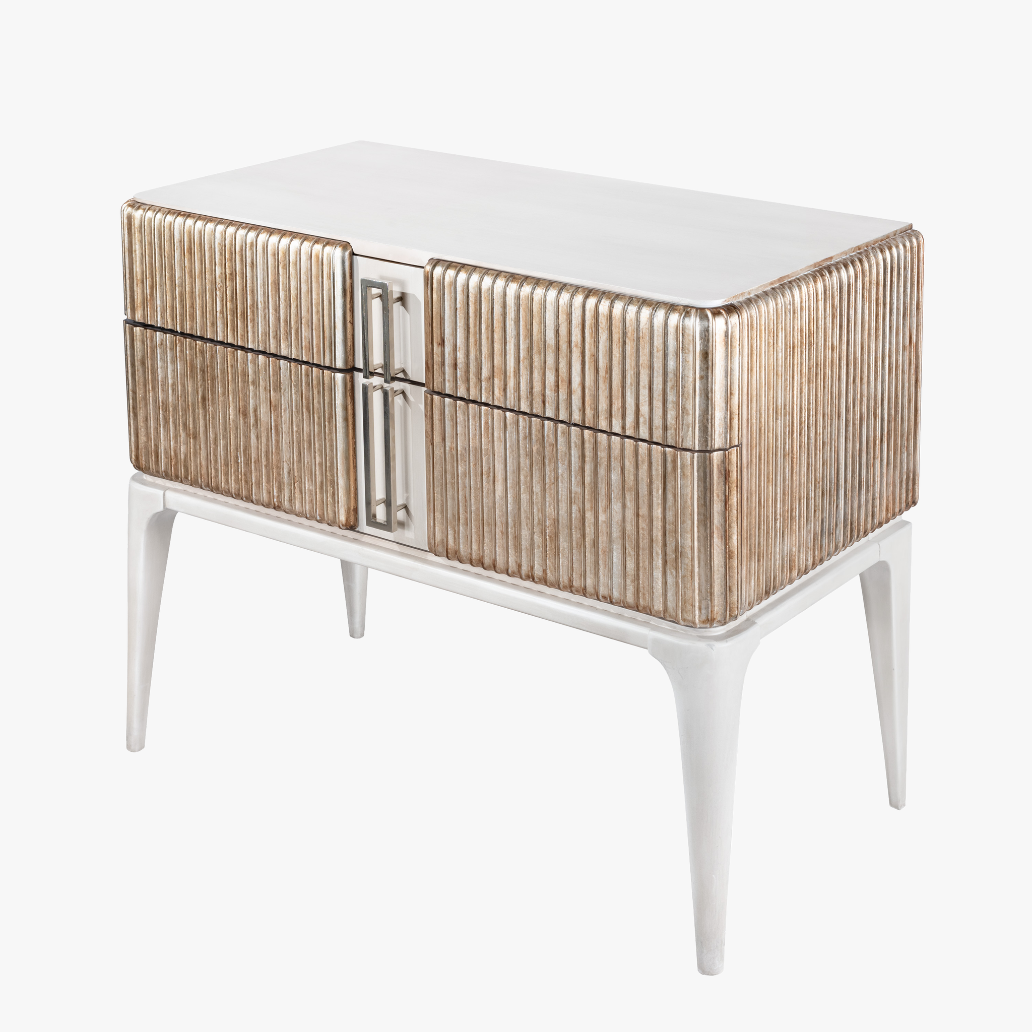 Fluted Nightstand in Brushed Nickel – Modern 2-Drawer Bedside Table with Storage, Textured Drawer Fronts & Metal Finish – Bedroom Accent Furniture