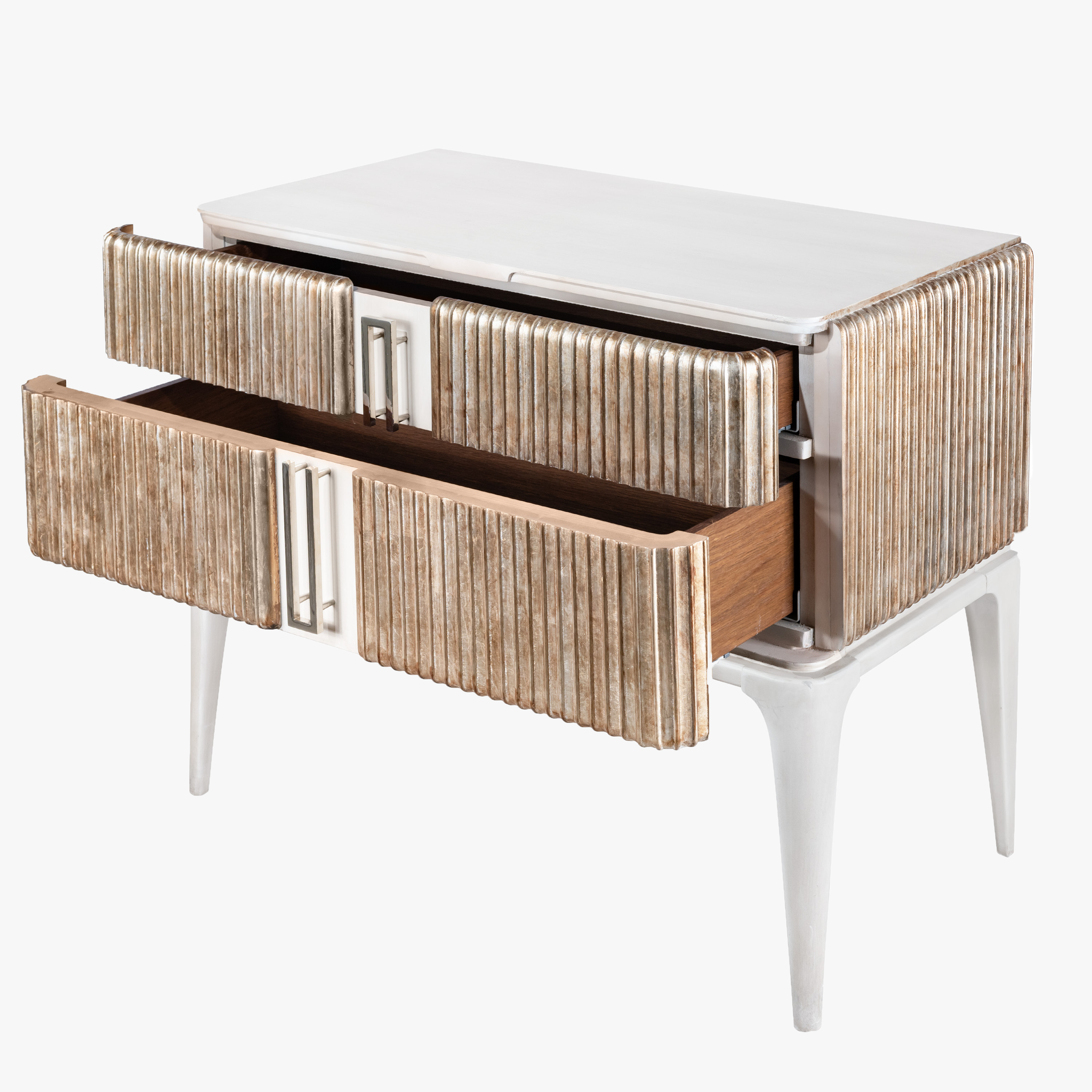 Fluted Nightstand in Brushed Nickel – Modern 2-Drawer Bedside Table with Storage, Textured Drawer Fronts & Metal Finish – Bedroom Accent Furniture