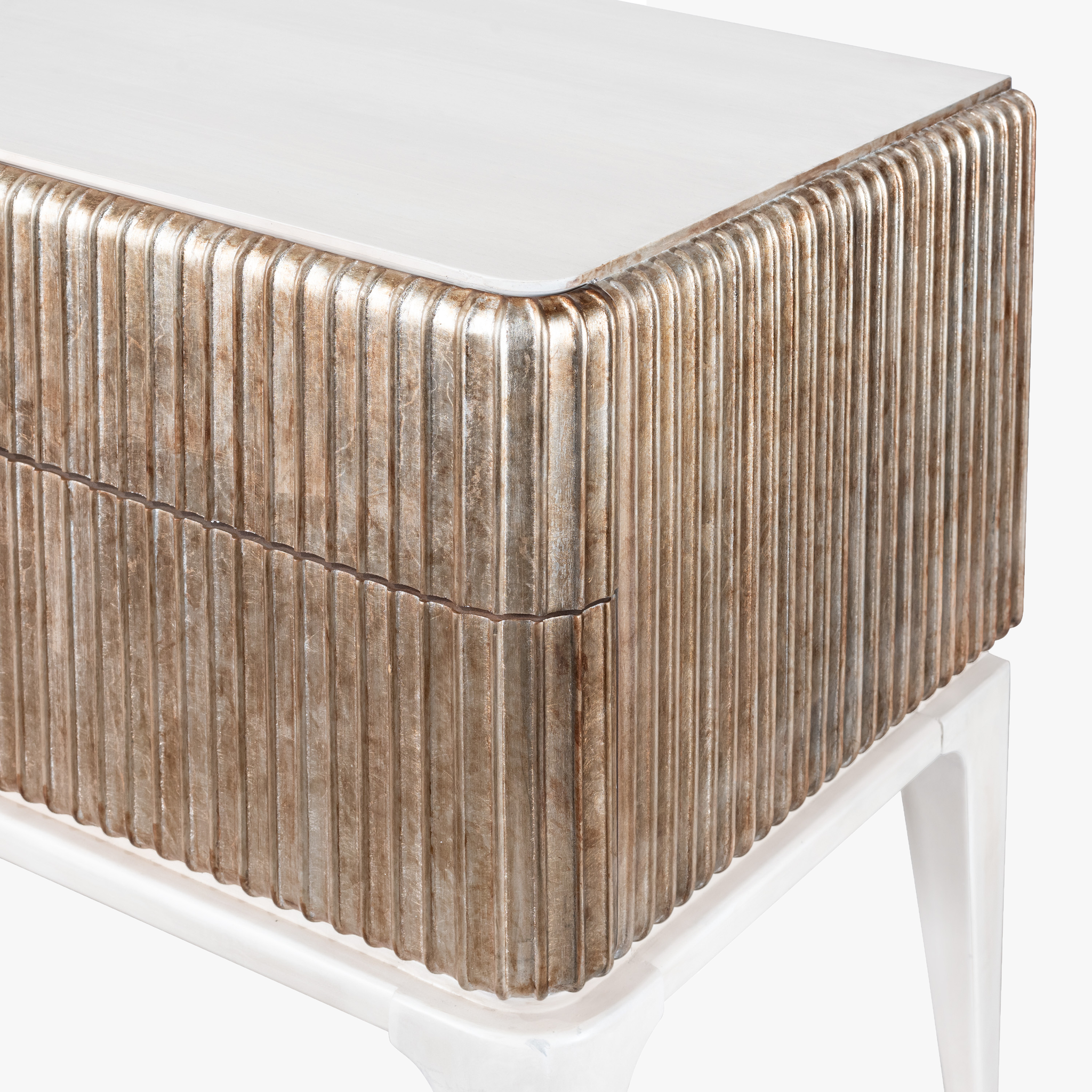 Fluted Nightstand in Brushed Nickel – Modern 2-Drawer Bedside Table with Storage, Textured Drawer Fronts & Metal Finish – Bedroom Accent Furniture