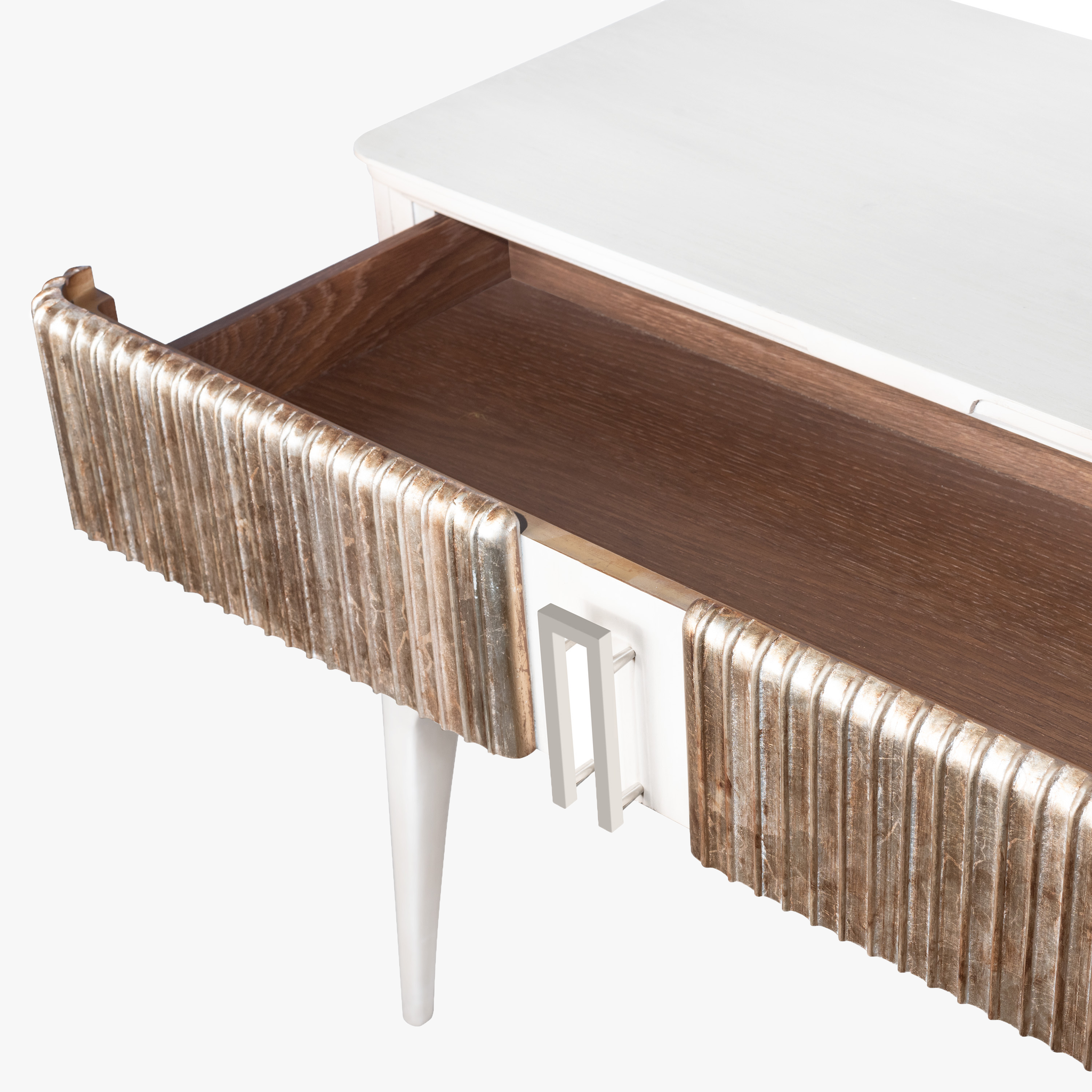 Fluted Nightstand in Brushed Nickel – Modern 2-Drawer Bedside Table with Storage, Textured Drawer Fronts & Metal Finish – Bedroom Accent Furniture