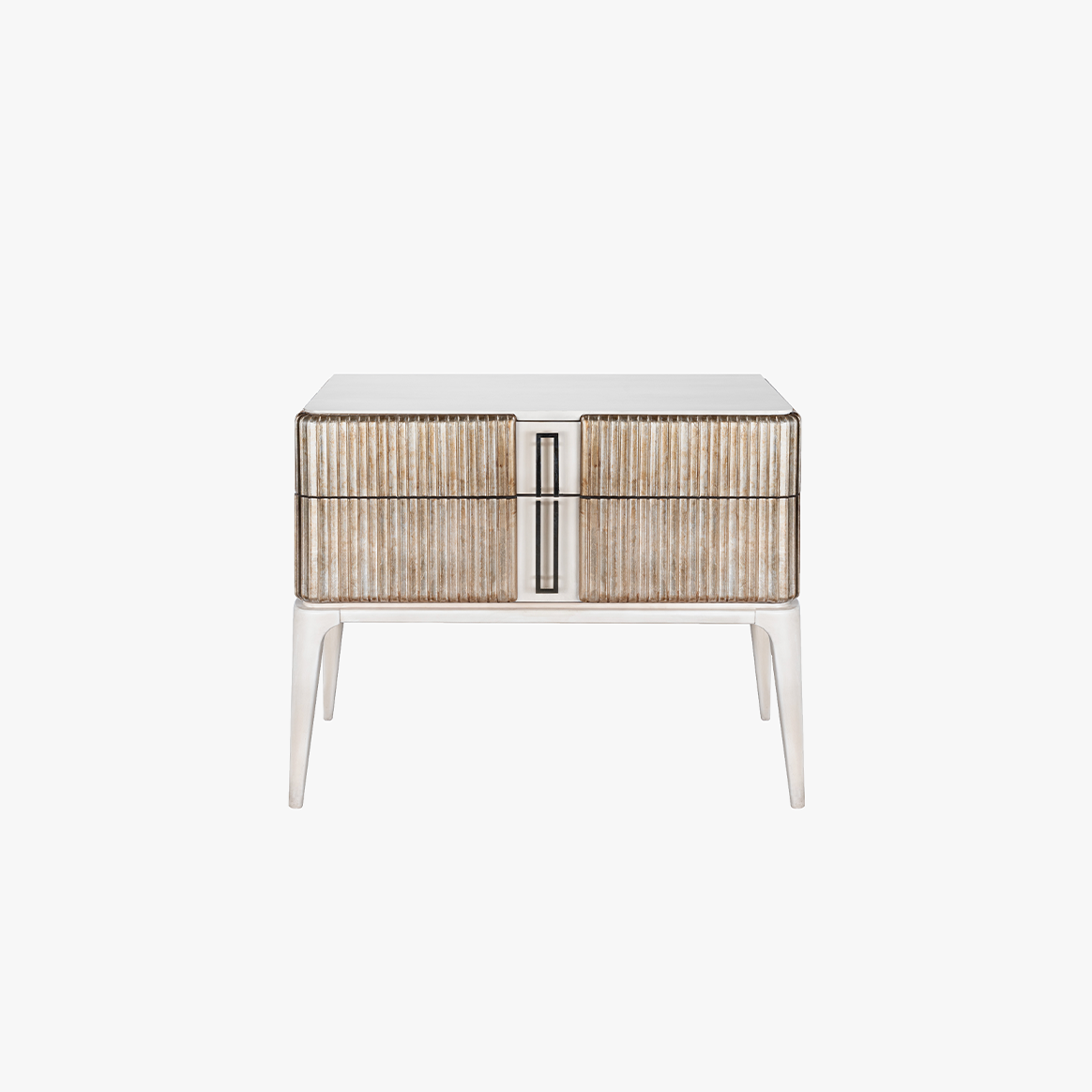 Fluted Nightstand in Brushed Nickel – Modern 2-Drawer Bedside Table with Storage, Textured Drawer Fronts & Metal Finish – Bedroom Accent Furniture