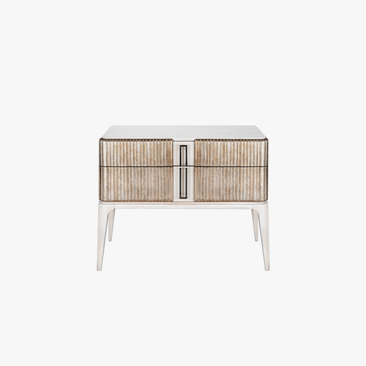 Fluted Nightstand in Brushed Nickel – Modern 2-Drawer Bedside Table with Storage, Textured Drawer Fronts & Metal Finish – Bedroom Accent Furniture