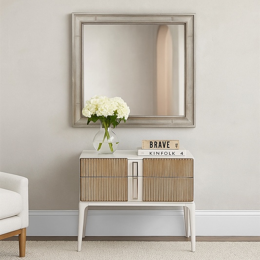 Fluted Nightstand in Brushed Nickel – Modern 2-Drawer Bedside Table with Storage, Textured Drawer Fronts & Metal Finish – Bedroom Accent Furniture