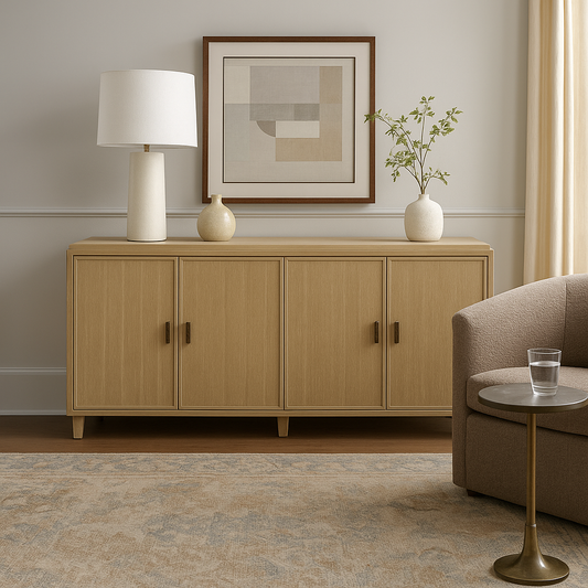 Stanley Horizon Buffet Sideboard in Light Brown – Modern Farmhouse Dining Room Storage Cabinet with Drawers & Shelves, 76" Wide Server