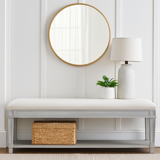 Stanley Willow Bed End Bench in Pewter – Upholstered Bedroom Bench with Cushion Seat, Wood Frame, Accent Furniture for Foot of Bed or Entryway