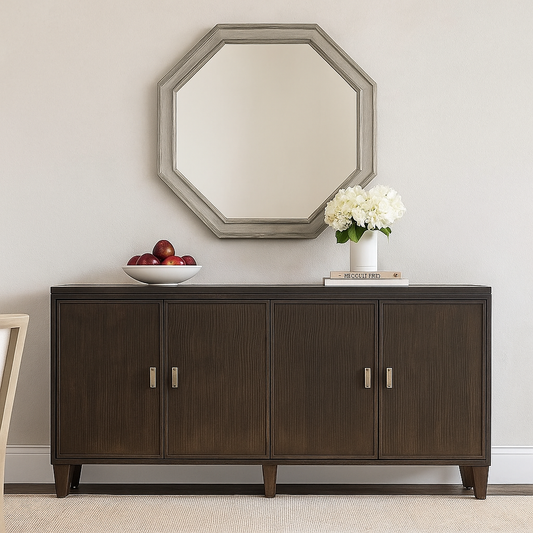 Stanley Horizon Buffet Sideboard in Flannel Finish – 76" Modern Dining Room Storage Cabinet with Drawers, Shelves & Removable Trays – Farmhouse Server Console Table